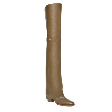 FENDI SHOW GREEN LEATHER MEDIUM-HEELED THIGH-HIGH BOOTS