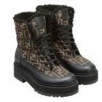 FENDI SIGNATURE BIKER BOOTS BLACK LEATHER BIKER BOOTS WITH FF FABRIC