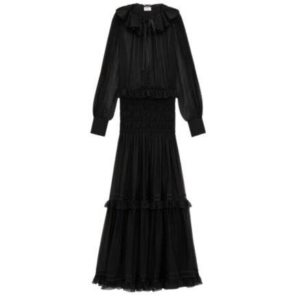 SAINT LAURENT RUFFLED DRESS IN SILK CREPE MUSLIN