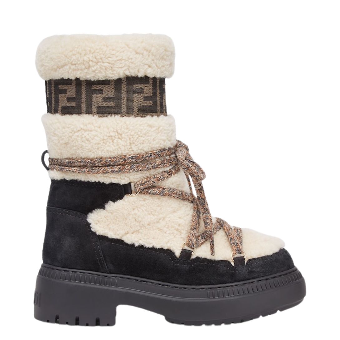 1 FENDI APRES CHIC WHITE SHEEPSKIN AND BLACK SUEDE BOOTS
