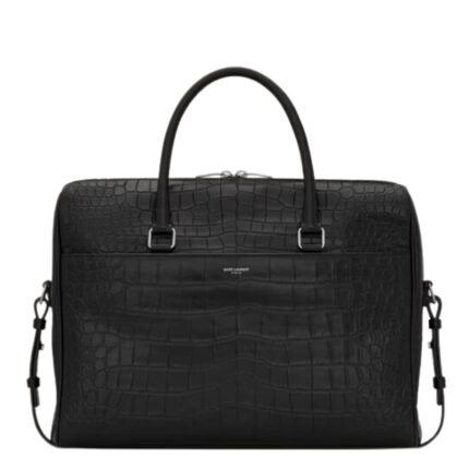 SAINT LAURENT DUFFLE BRIEFCASE BAG IN CROCODILE EMBOSSED MATTE LEATHER