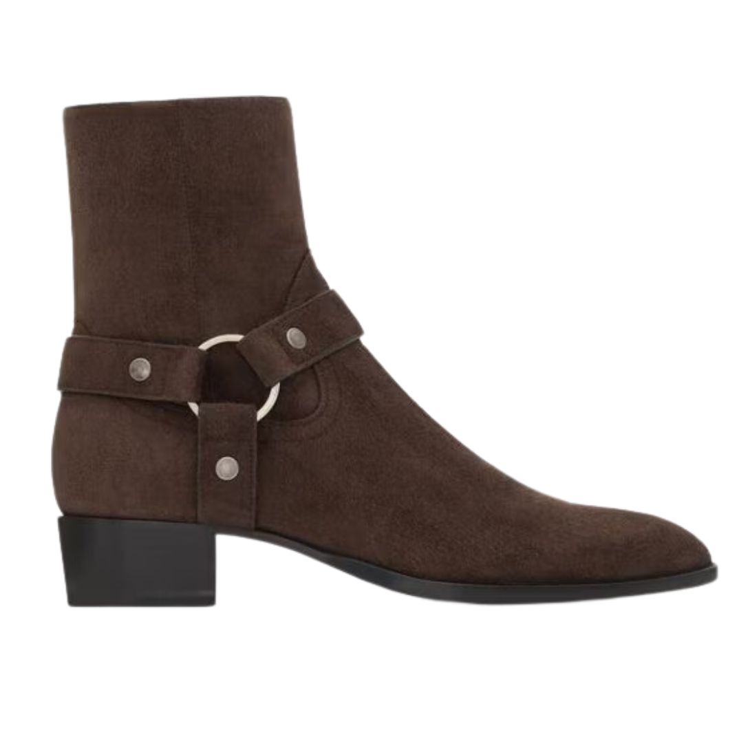 1 SAINT LAURENT WYATT HARNESS BOOTS IN SUEDE