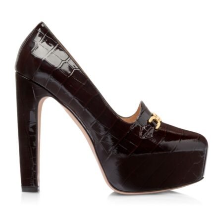 TOM FORD SHINY STAMPED CROCODILE LEATHER WHITNEY PLATFORM PUMP ESPRESSO