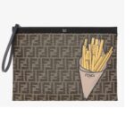FENDI LARGE FLAT BROWN FF JACQUARD POUCH WITH APPLIQUÉS