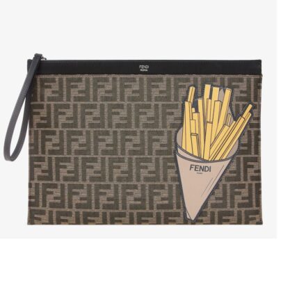 FENDI LARGE FLAT BROWN FF JACQUARD POUCH WITH APPLIQUÉS