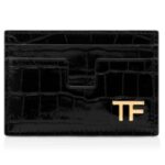 TOM FORD SHINY STAMPED CROCODILE LEATHER CLASSIC TF CARD HOLDER BLACK