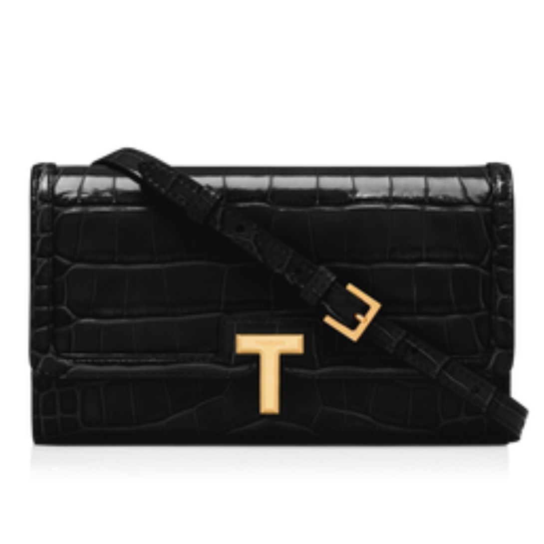 1 TOM FORD SHINY STAMPED CROCODILE LEATHER WALLIS WALLET ON STRAP