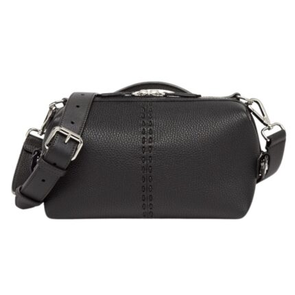 FENDI SELLERIA SIESTA SMALL BLACK LEATHER BAG WITH 266 HAND-SEWN TOPSTITCHES
