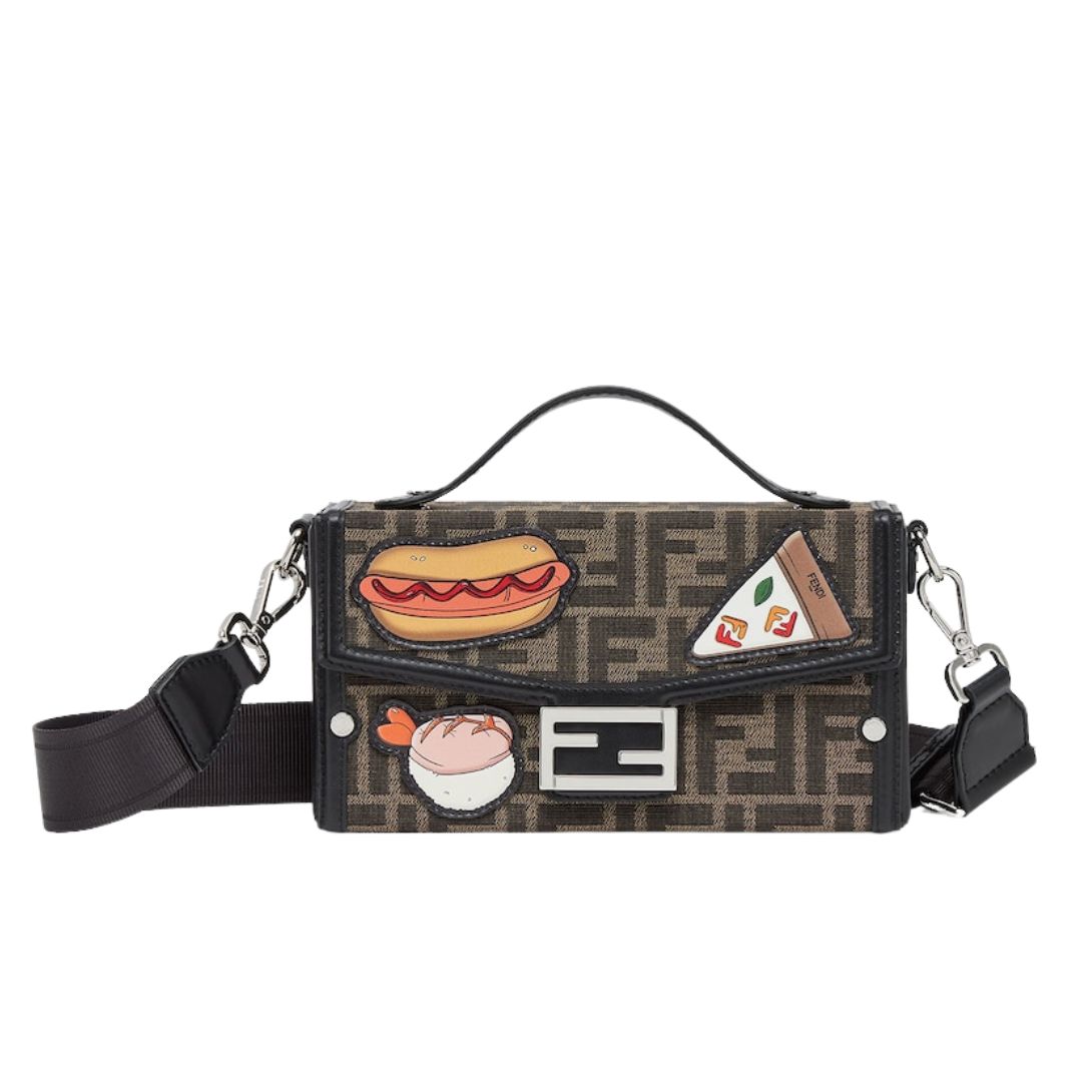 1 FENDI SOFT TRUNK BAGUETTE BROWN FF JACQUARD BAG WITH APPLIQUÉS