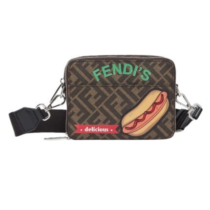 FENDI ORGANIZER CAMERA CASE BROWN FF CANVAS BAG WITH APPLIQUÉS