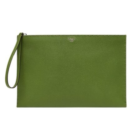 FENDI SELLERIA FLAT POUCH MEDIUM GREEN WITH 196 HAND-SEWN TOPSTITCHES