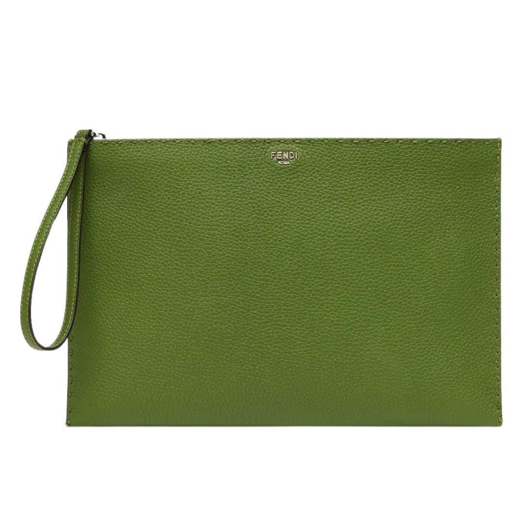 1 FENDI SELLERIA FLAT POUCH MEDIUM GREEN WITH 196 HAND-SEWN TOPSTITCHES