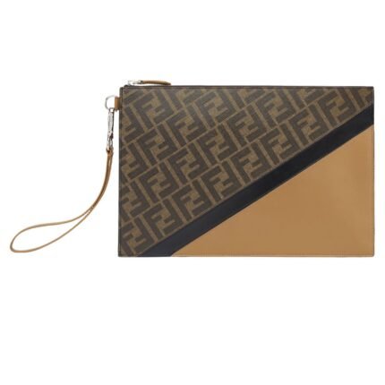 FENDI DIAGONAL FLAT POUCH BROWN FABRIC BAG
