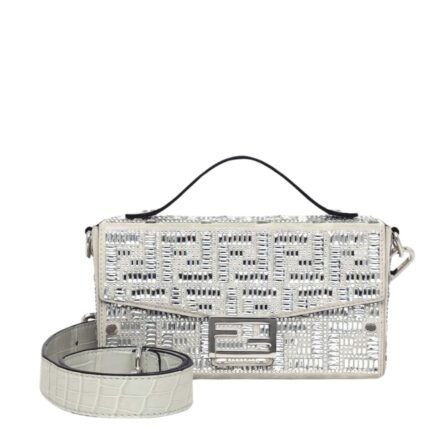FENDI SOFT TRUNK BAGUETTE LIGHT GRAY SPLIT LEATHER BAG WITH CRYSTAL EMBELLISHMENT