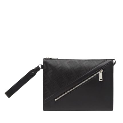 FENDI SHADOW DIAGONAL CLUTCH BLACK LEATHER POUCH
