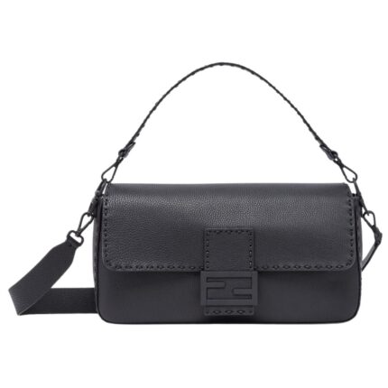 FENDI MAXI BAGUETTE BLACK SELLERIA LEATHER BAG