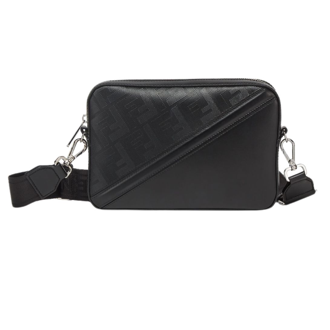 1 FENDI DIAGONAL CAMERA CASE BLACK LEATHER BAG