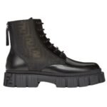 FENDI FORCE BOOTS BLACK LEATHER AND BROWN FF JACQUARD BIKER BOOTS