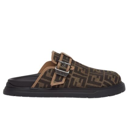 FENDI FEEL SABOTS BROWN FF JACQUARD SANDALS