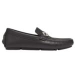 FENDI BLACK LEATHER AND BROWN FF JACQUARD DRIVERS