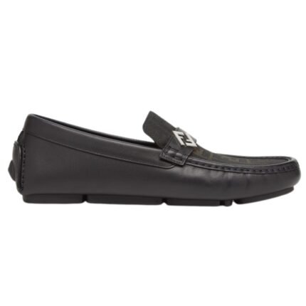 FENDI BLACK LEATHER AND BROWN FF JACQUARD DRIVERS