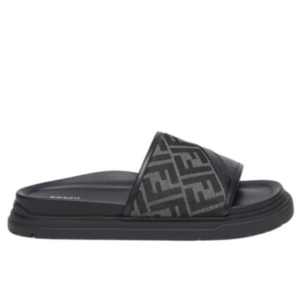 FENDI DIAGONAL SLIDES FF JACQUARD AND LEATHER SLIDES