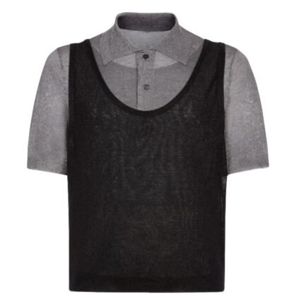 FENDI BLACK AND GRAY WOOL POLO SHIRT WITH METALLIC YARN