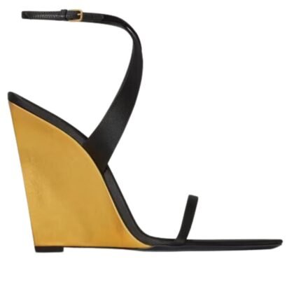 SAINT LAURENT SALOMÉ WEDGES IN SATIN CREPE AND METALLIC LEATHER