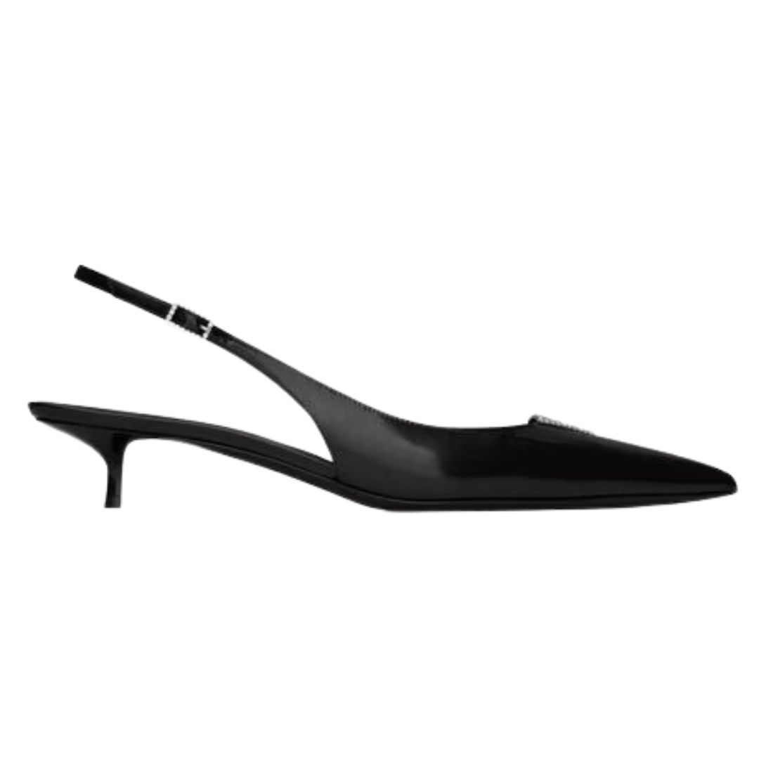 1 SAINT LAURENT CHERISH SLINGBACK PUMPS IN GLAZED LEATHER AND RHINESTONES