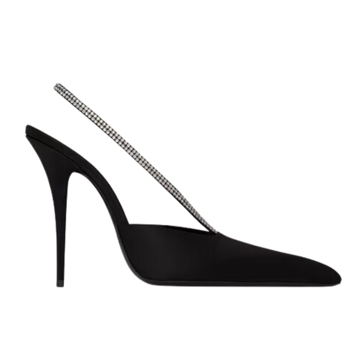 1 SAINT LAURENT AMANDA SLINGBACK PUMPS IN SATIN CREPE AND RHINESTONES