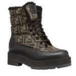 FENDI SIGNATURE BLACK LEATHER BIKER BOOTS WITH FF FABRIC