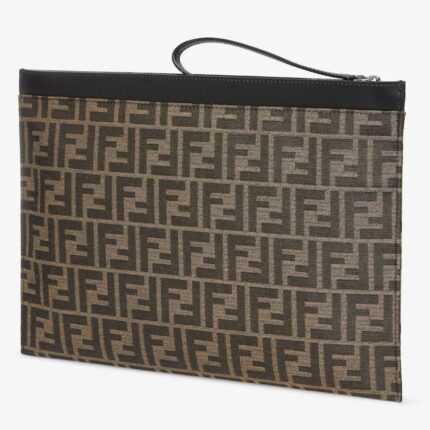 FENDI LARGE FLAT BROWN FF JACQUARD POUCH WITH APPLIQUÉS