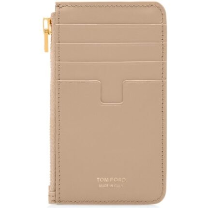 TOM FORD PALMELLATO EFFECT LEATHER ZIPPED CARD HOLDER LIGHT BEIGE