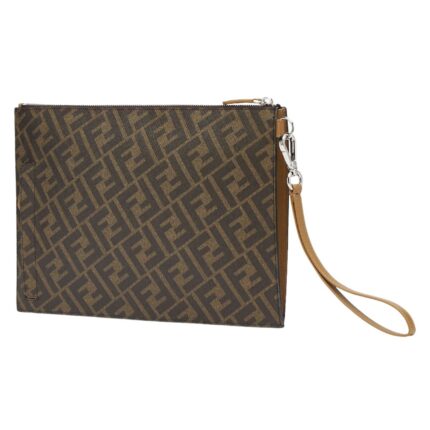 FENDI DIAGONAL FLAT POUCH BROWN FABRIC BAG