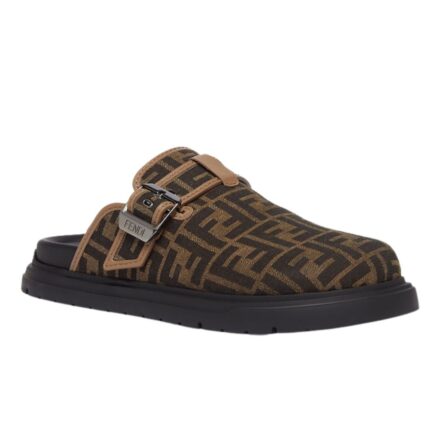FENDI FEEL SABOTS BROWN FF JACQUARD SANDALS