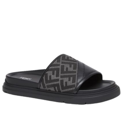 FENDI DIAGONAL SLIDES FF JACQUARD AND LEATHER SLIDES