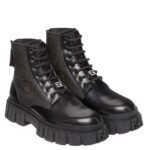 FENDI FORCE BOOTS BLACK LEATHER AND BROWN FF JACQUARD BIKER BOOTS