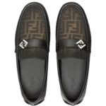FENDI BLACK LEATHER AND BROWN FF JACQUARD DRIVERS