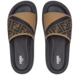 FENDI DIAGONAL SLIDES FF JACQUARD AND LEATHER SLIDES