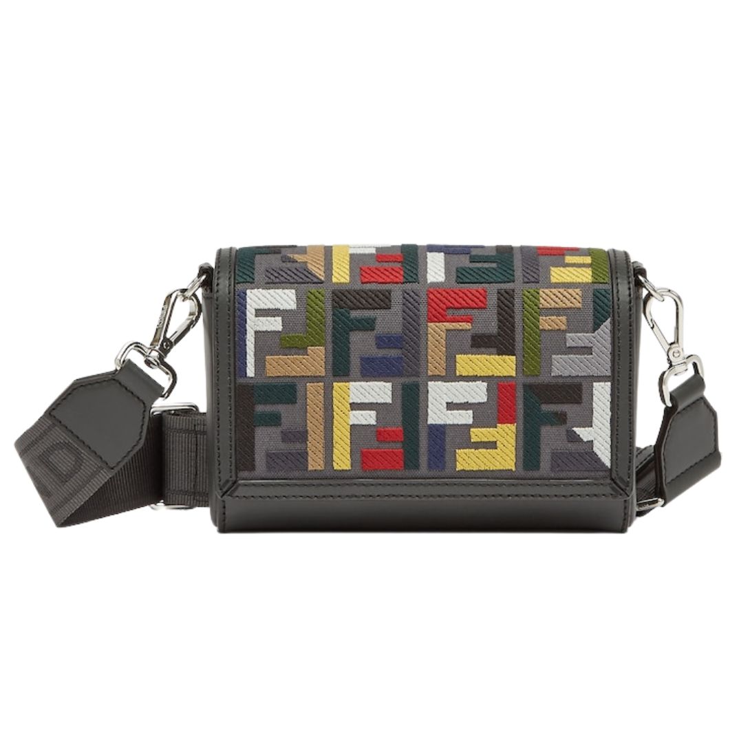 4 FENDI COMPACT CANVAS BAG WITH MULTICOLOR FF EMBROIDERY