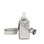 FENDI SOFT TRUNK BAGUETTE LIGHT GRAY SPLIT LEATHER BAG WITH CRYSTAL EMBELLISHMENT