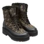 FENDI SIGNATURE BLACK LEATHER BIKER BOOTS WITH FF FABRIC