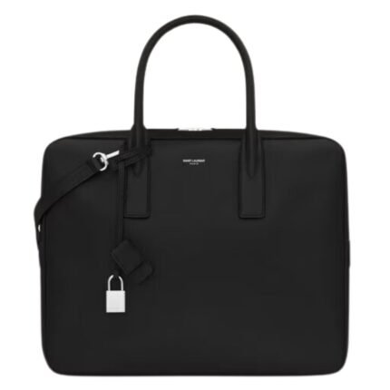 SAINT LAURENT MUSEUM SMALL FLAT BRIEFCASE IN BLACK TEXTURED LEATHER