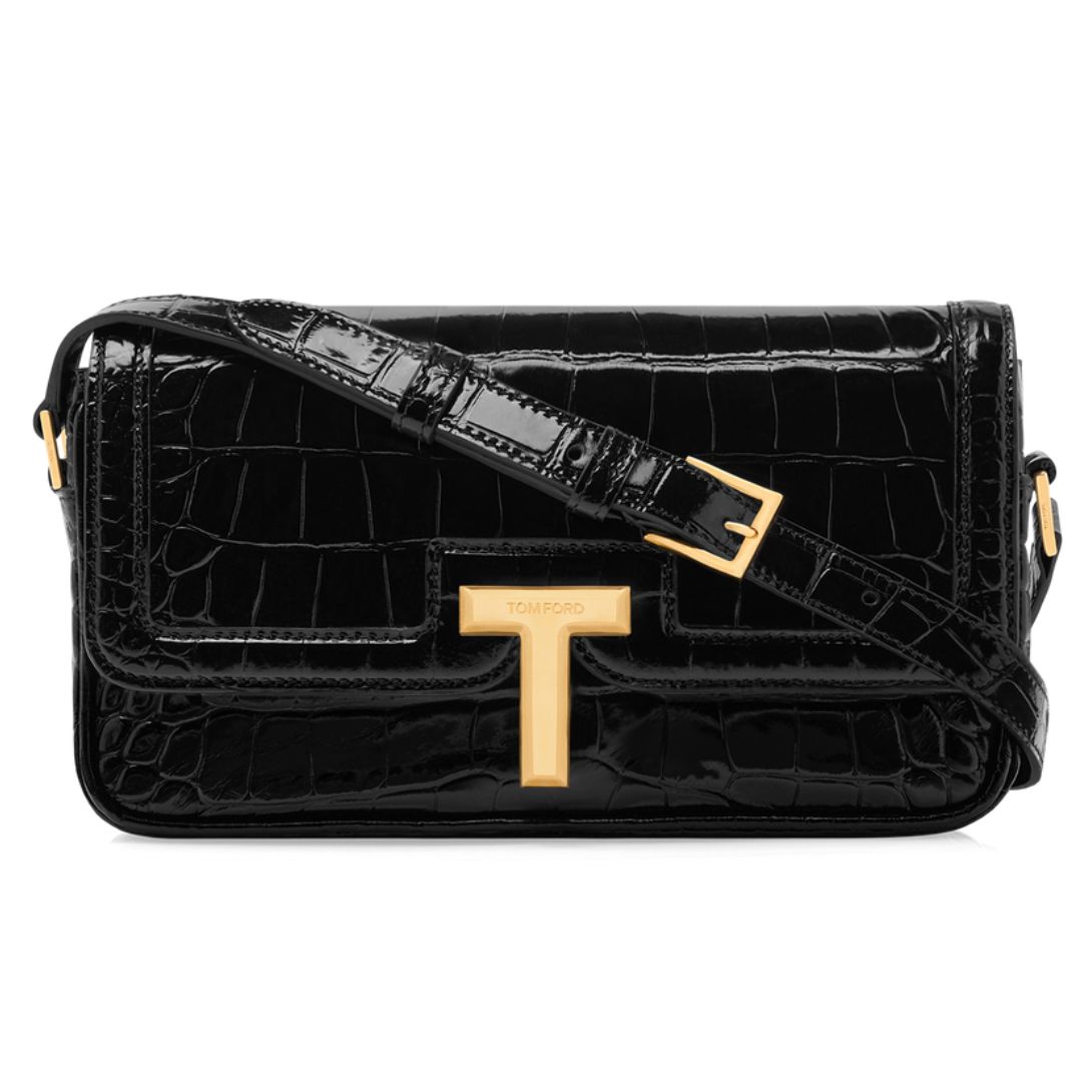 5 TOM FORD SHINY STAMPED CROCODILE LEATHER WALLIS E W SHOULDER BAG BLACK