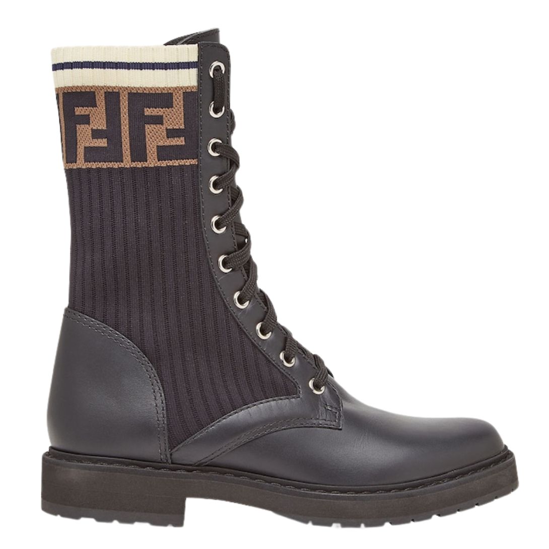 5 FENDI ROCKOKO BLACK LEATHER BIKER BOOTS WITH STRETCH FABRIC