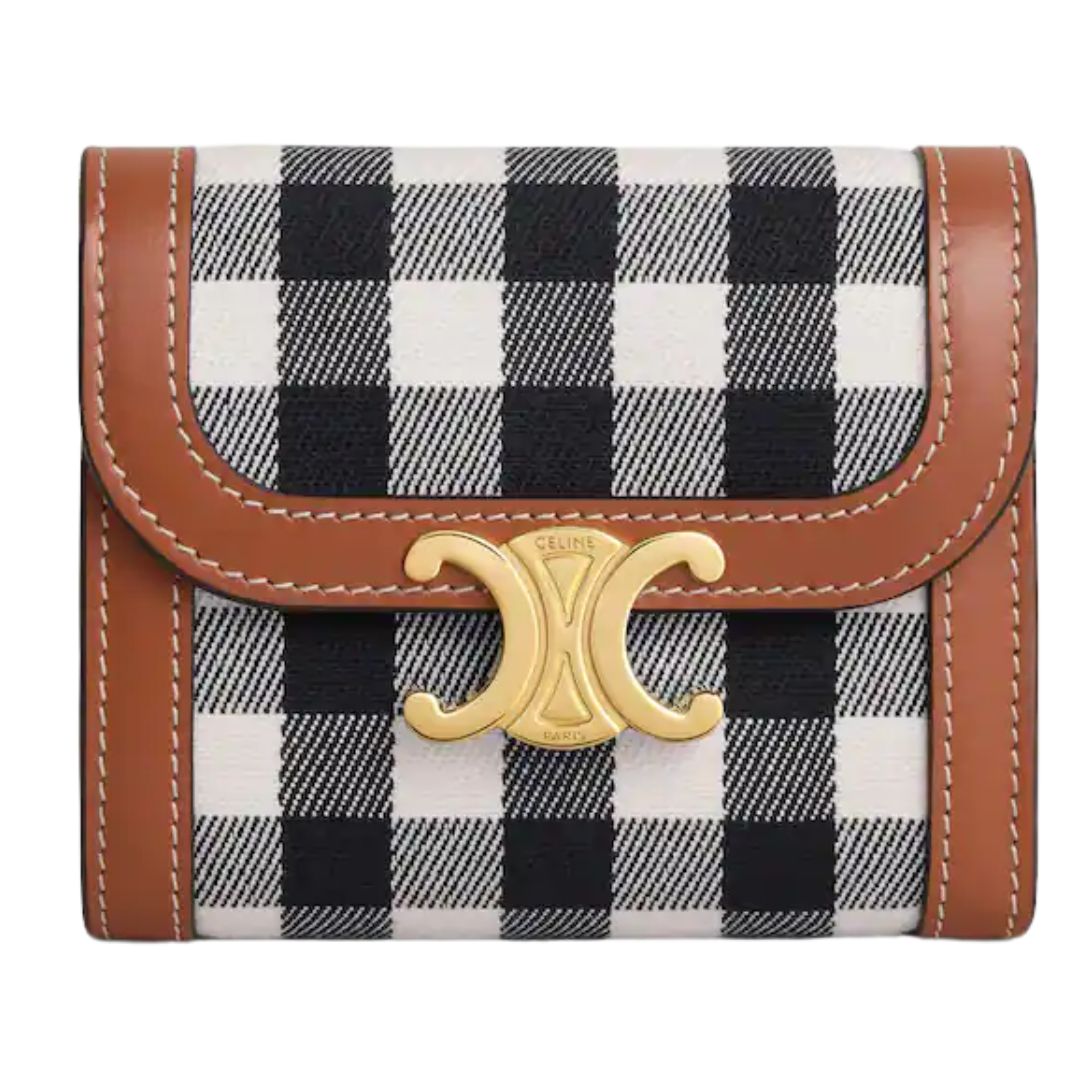1 CELINE SMALL FLAP WALLET TRIOMPHE IN VICHY TEXTILE AND CALFSKIN BLACK-WHITE