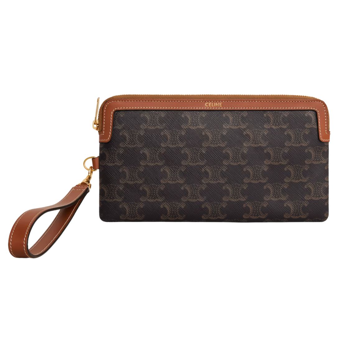 1 CELINE LONG POUCH WITH STRAP IN TRIOMPHE CANVAS AND CALFSKIN