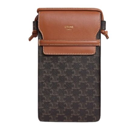 CELINE PHONE POUCH WITH FLAP IN TRIOMPHE CANVAS AND LAMBSKIN BLACK
