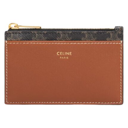 CELINE ZIPPED CARD HOLDER IN TRIOMPHE CANVAS AND LAMBSKIN TAN