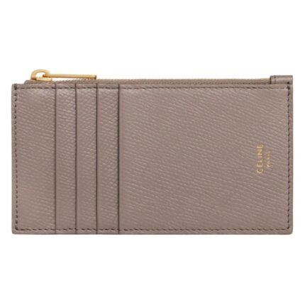 CELINE ZIPPED COMPACT CARD HOLDER ESSENTIALS IN GRAINED CALFSKIN PEBBLE
